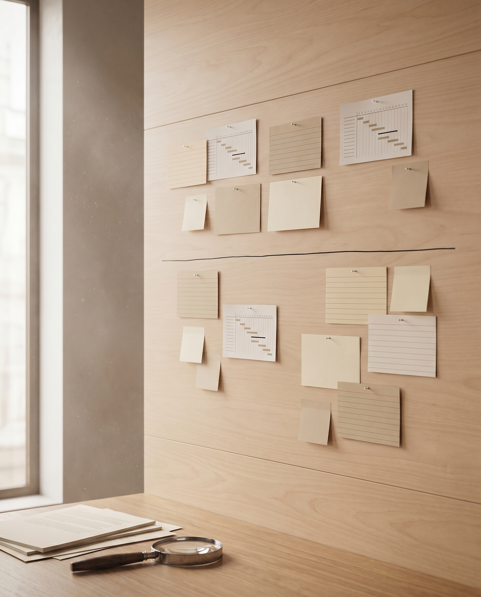 A project planning wall with index cards, a Gantt chart, and a magnifying glass.